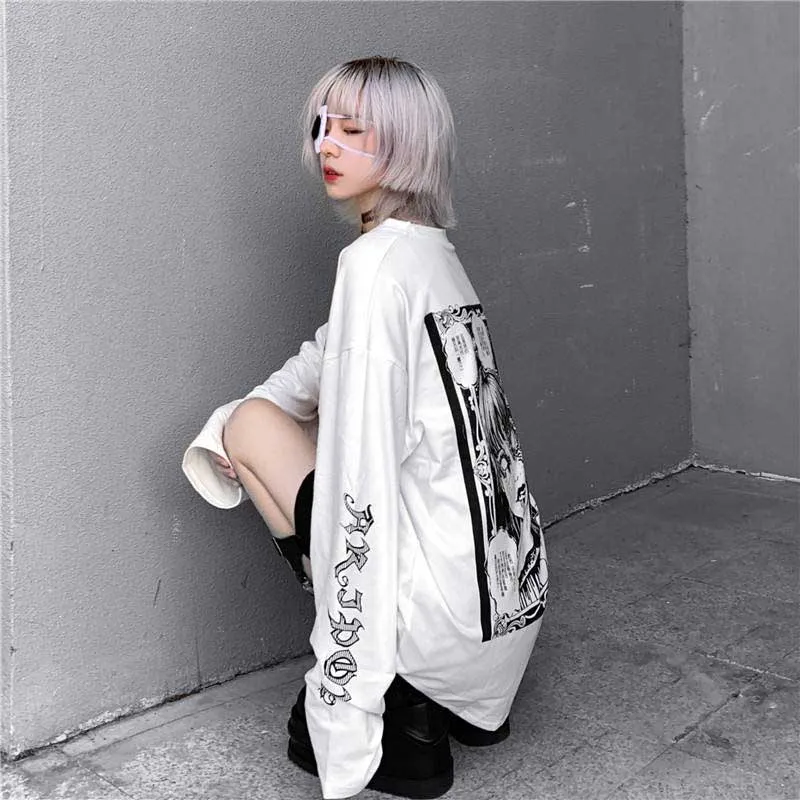 

NiceMix Cartoon Horror Graphic T-shirt Women Character Print Loose Punk Japanese T Shirts Pullover Top Harajuku Street Tees