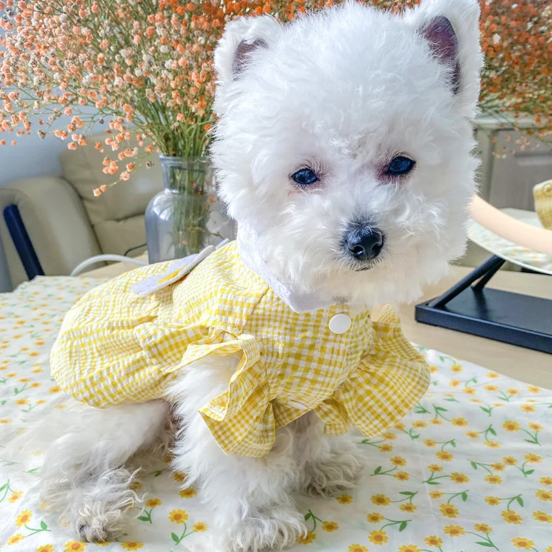 Summer Dog Dress Yellow Plaid Sunflower Sundress Princess Party Outfit Cute Puppy Cat for Small Medium Dogs Clothes | Дом и сад