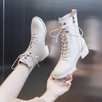 FHANCHU 2021 NEW Women Short Boots Soft PU Leather,Ankle Botas,Thick Heel,Side Zip,Lace-up,Round toe,BLACK,BEIGE,Dropshipping