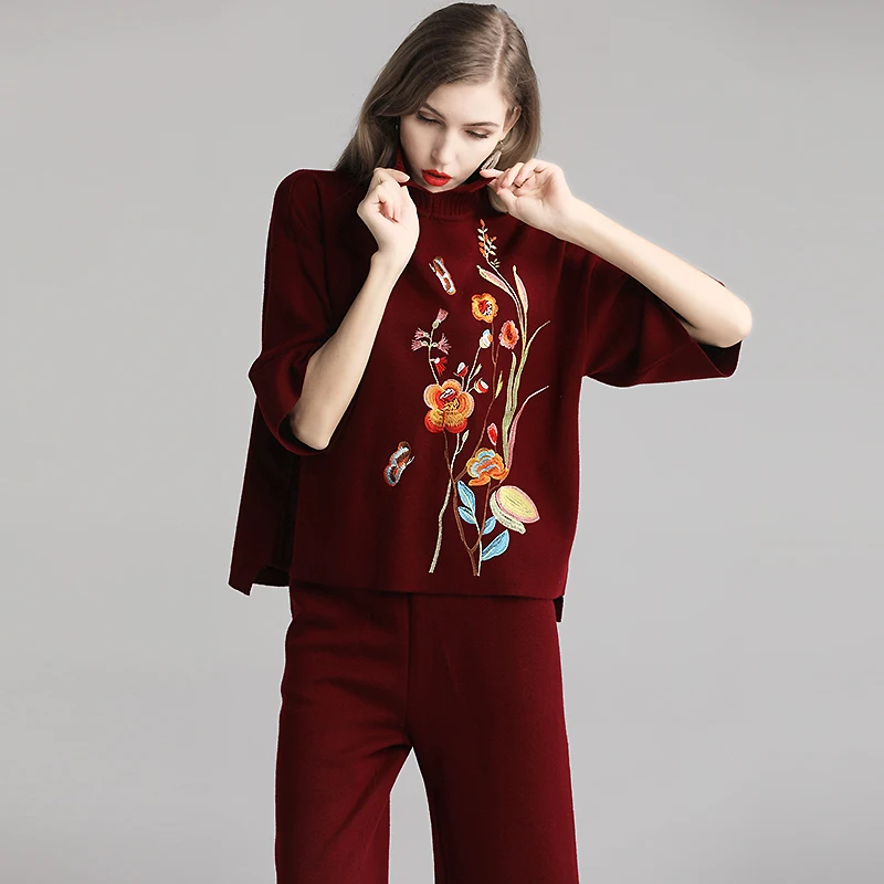 Осенне-зимний новый вязаный комплект из 2 предметов в китайском стиле с вышивкой