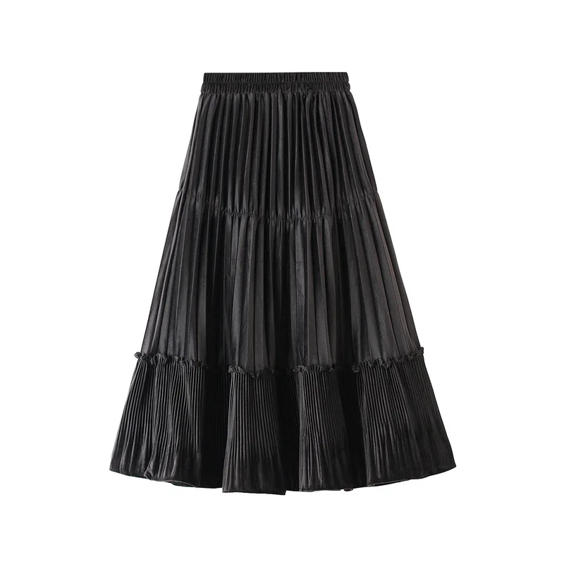 

Pleuche Skirts Woman Winter Autumn Vintage Elastic High Waist Patchwork Ruffles Pleated Skirt Female Basic Faldas Design Bottoms