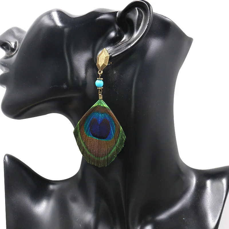 

Bohemian Fashion Ethnic Pop Earrings Long Peacock Feather Earrings