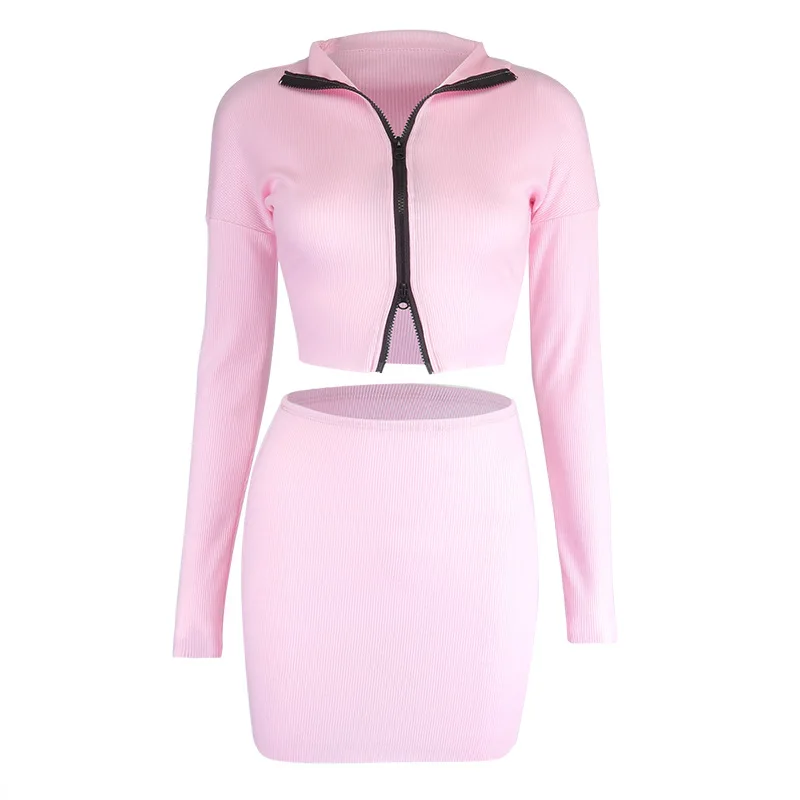 

2021 summer new women's solid color double zipper long-sleeved lapel cardigan short skirt fashion casual suit women