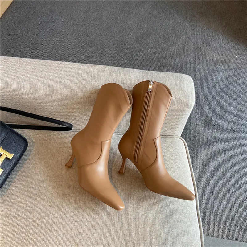 

ANNYMOLI Real Leather High Heel Westren Boots Mid Calf Boots Women Shoes Pointed Toe Zip Stiletto Heels Female Boots Beige 33-40
