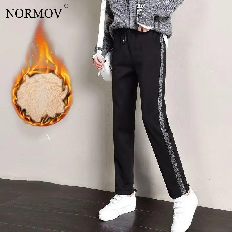 

Бархатные спортивные брюки NORMOV, женские зимние повседневные плотные брюки в Вертикальную Полоску с карманами, теплые прямые брюки трех цветов для женщин