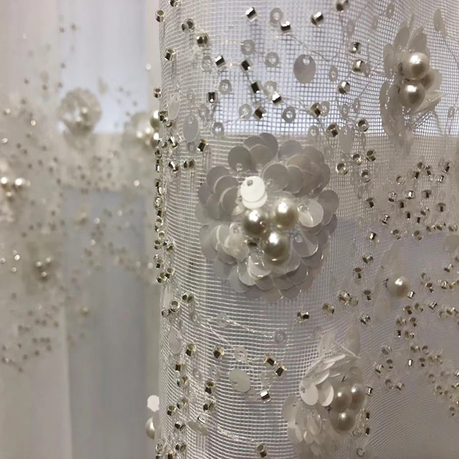 

Exquisite Rivet Beaded Tulle Curtain Romantic White Princess Sequins Floral Embroidered Sheer Voile Curtain for Living Room #4