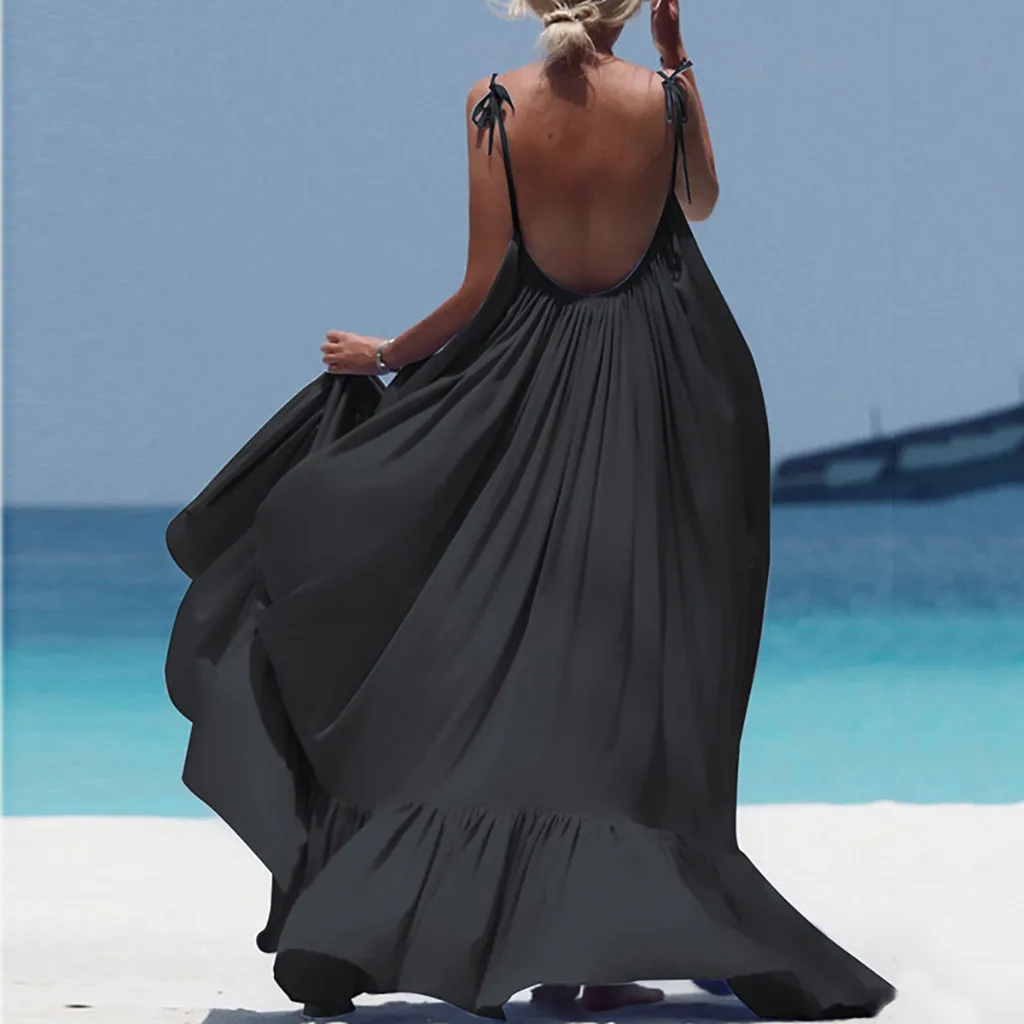 Женское длинное платье на бретельках Boho богемное пляжное с открытой спиной лето