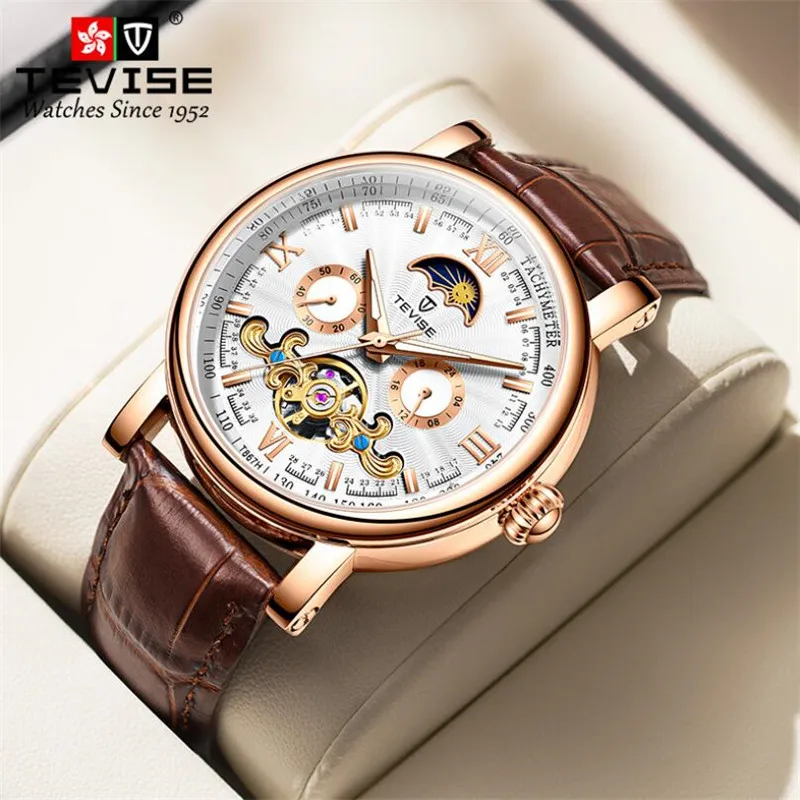 

Часы мужские механические с гравировкой Луны и кожаным ремешком