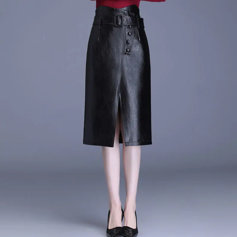 

Women 2022 Autumn Winter New Fashion Sexy Skirt Female Bodycon Skirt High Waist PU Leather Skirts Vintage Midi Pencil Skirts C89