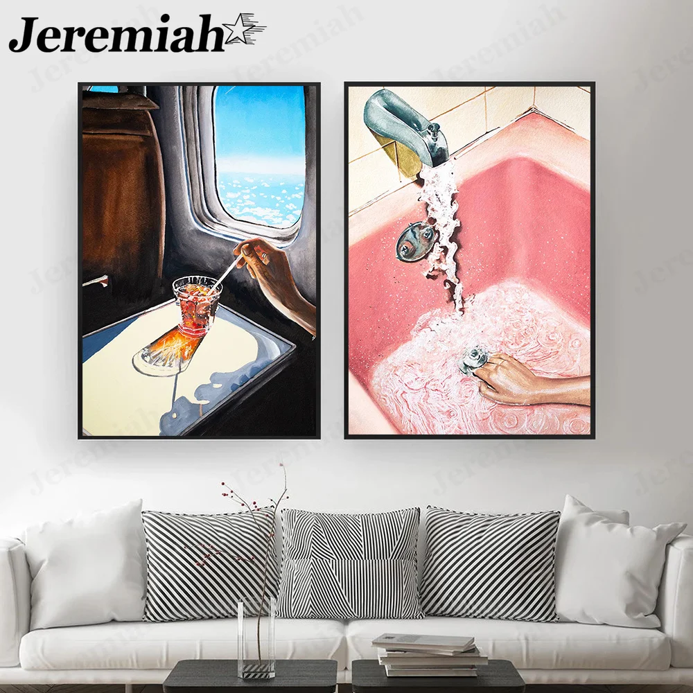 

Abstract Creative Landscape Canvas Poster Airplane Window Imitation Oil Painting Retro Pink Bathroom Home Decoration