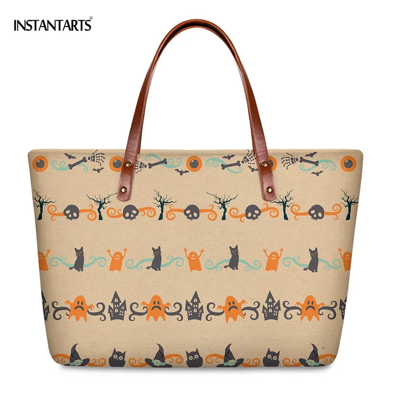 

INSTANTARTS Halloween Funny Ghost Black Cat Print Women Large Handle Shoulder Bag 2021 New Female Fashion Shopping Tote Handbag