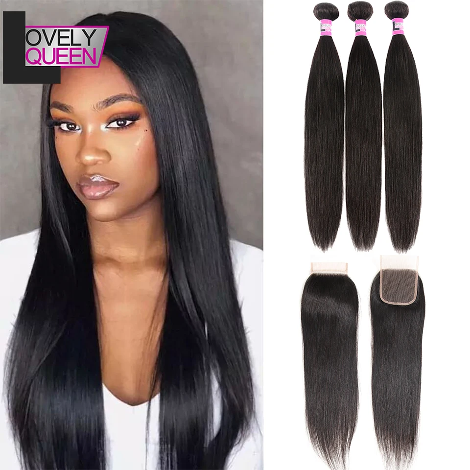 Перуанские прямые человеческие волосы пучки с закрытием не Реми настоящие