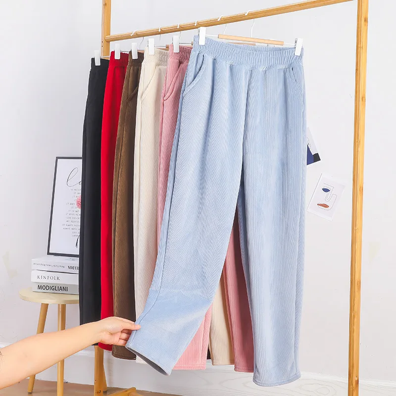 Women Corduroy Thick Pants Autumn Winter 2021 Casual Solid Fleece Inside Elastic Waist Harem Ankle-Length Pants Warm Trousers