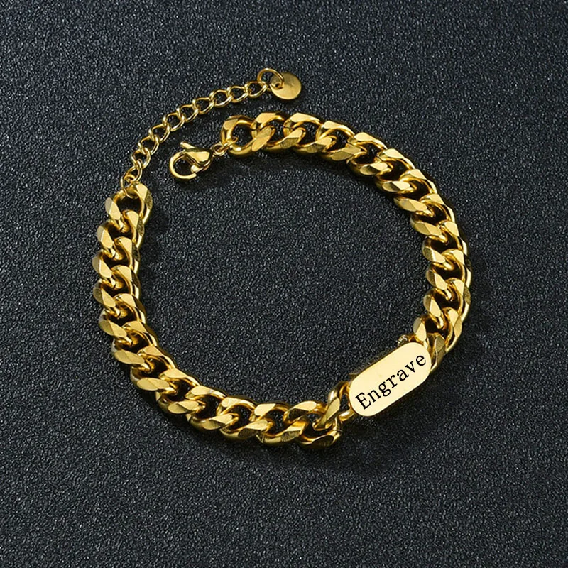 

Punk Customized Engraving Nameplate Couple Bracelet Stainless Steel Chain Id Tag Bracelets Bangles For Women Men Drop Shipiing