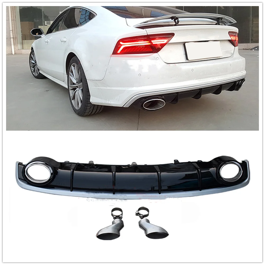 

For Audi A7 Upgrade RS7 2016-2017 Car Rear Bumper Diffuser Lip Lower Spoiler Plate Cover+Tail Muffler Pipe Exhaust Tips Body Kit