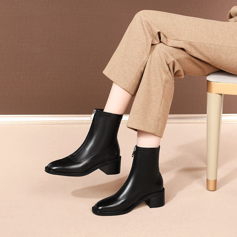 

Ladies Elegant Cow Leather Chelsea Boots Autumn Winter 5.5cm Heels Dancing Shoes Woman New Women Ankle Boots