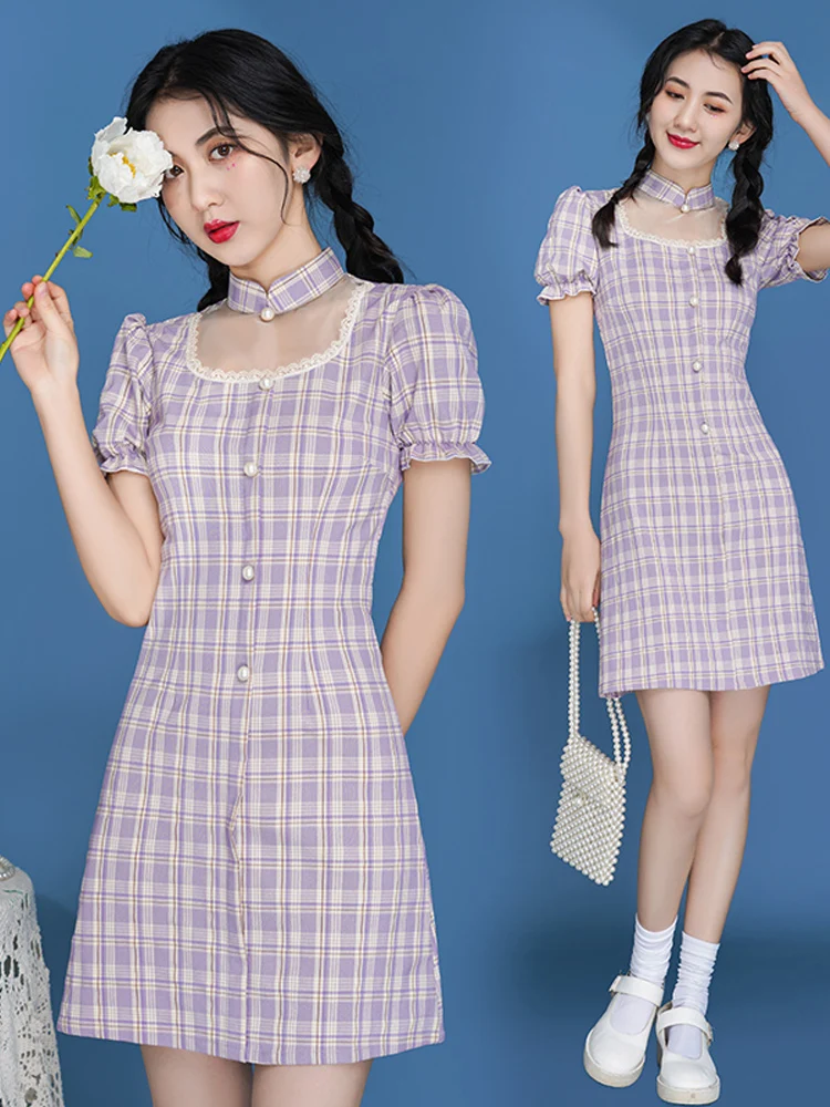 

Women's clothing 2021 Modified cheongsam young girl grid model of literary corrosion bone is nifty and lovely sweet French dress