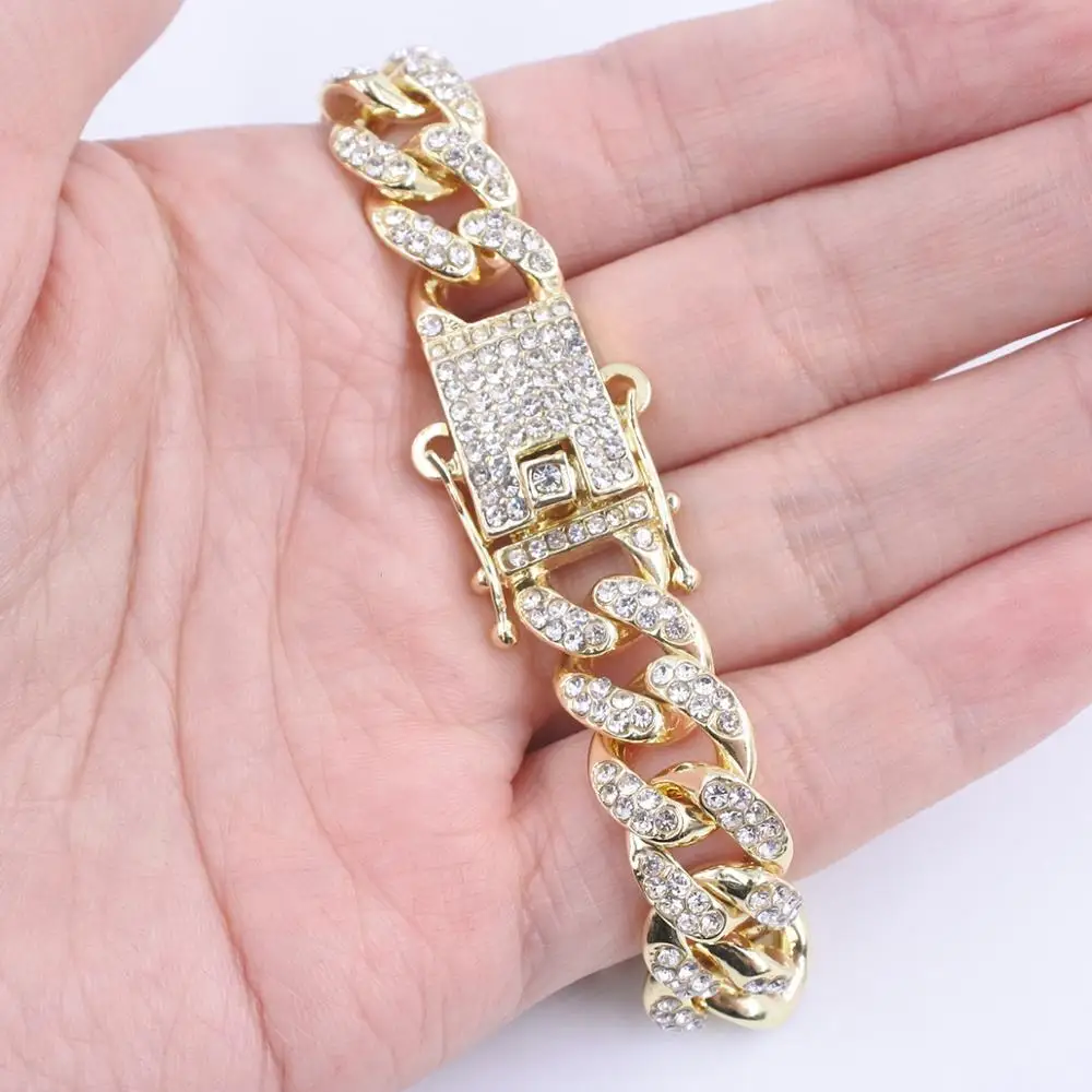 

big buckle 13mm hip hop men's bracelets heavy bling crystal miami curb cuban chain rap rock dancer singer gift fashion jewelry