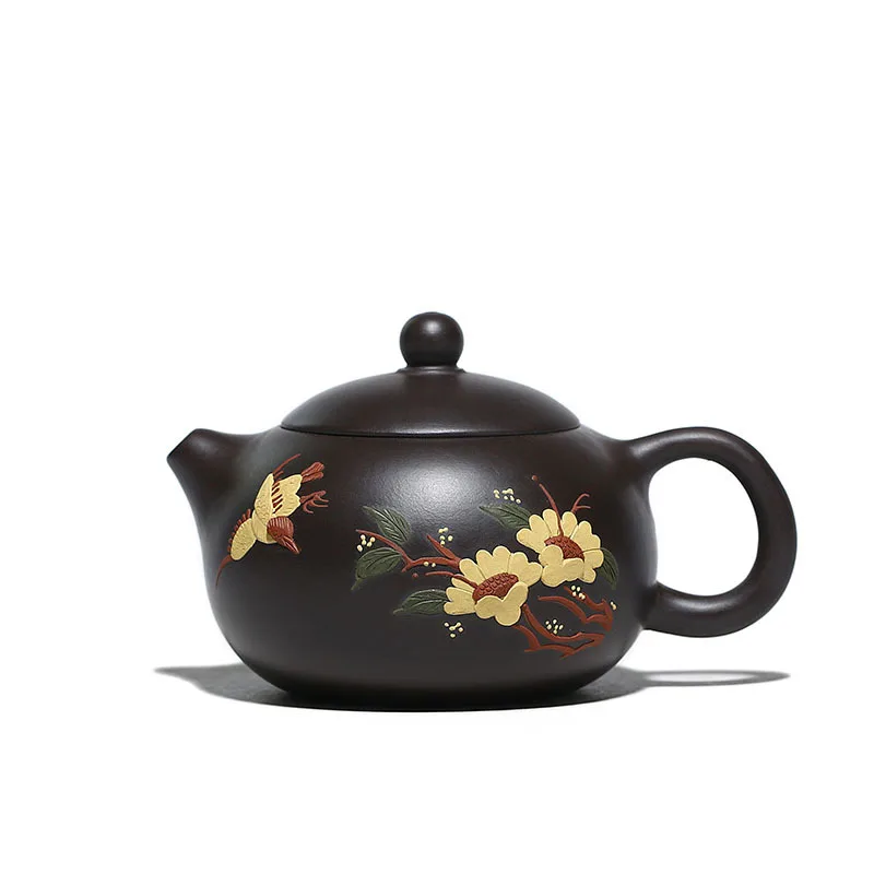 

Xishi purple clay teapot raw ore black mud Cao Zhigang handmade teapot peony painted Teapot Tea Set Gift
