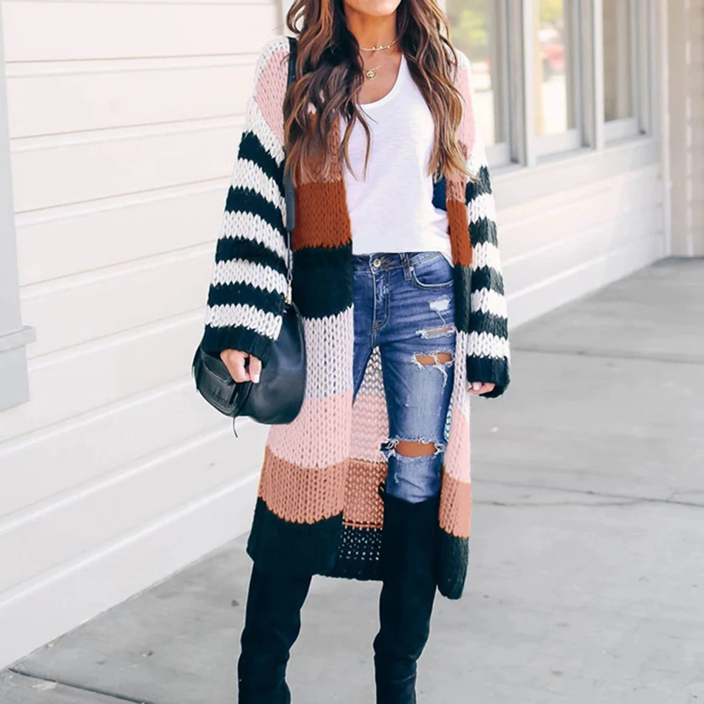 Женский длинный кардиган в полоску повседневный Вязаный Свитер оверсайз стиле