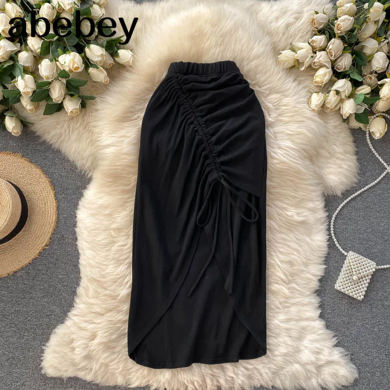 

Women Boho Solid Skirt Design Drawstring High Waist Slim Skirts Summer Irregular Split Vacation Beach Skirts