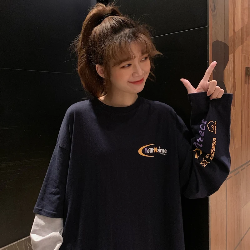 

autumn Tops Casual long Tee Shirt spring letter printed Patchwork T Shirt Women long Sleeve T-shirts Harajuku oversized T-shirt