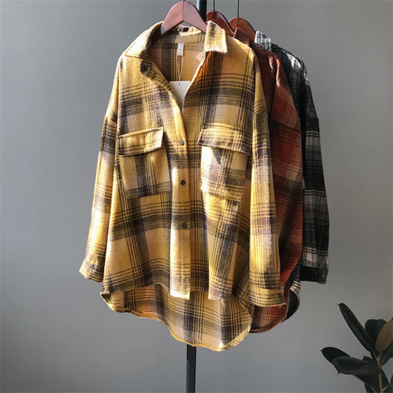 

Women's Shirt Blouses Top Female Oversize Spring Autumn Long Sleeve T-shirt Casual Shirts Plaid Tunic Cardigan Vintage Feminina