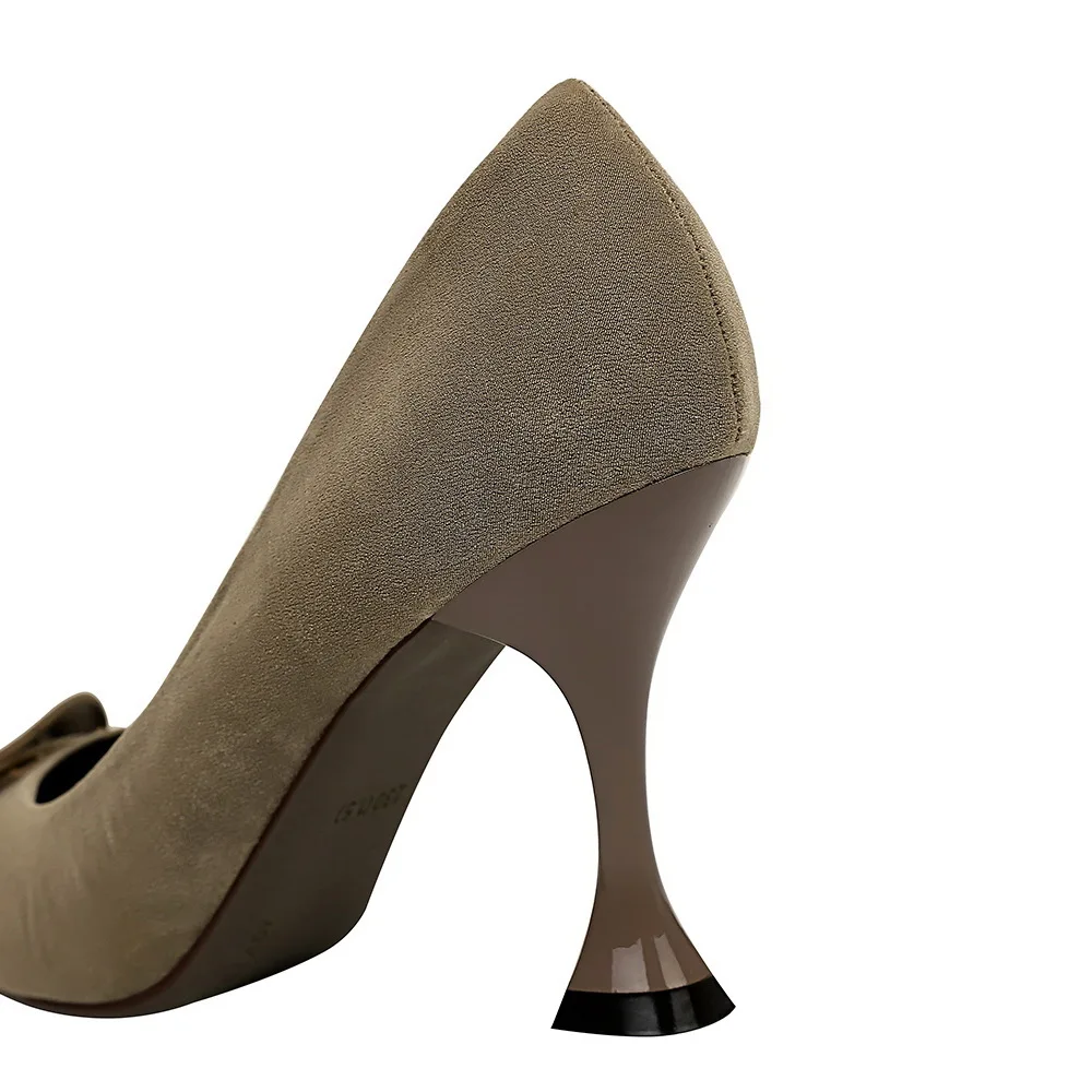 

BIGTREE Women Wedding Shoes Square Buckle Flock Woman Pumps Pointed Toe Party Dress Wedding Bridal Thin Heel Big Size 40