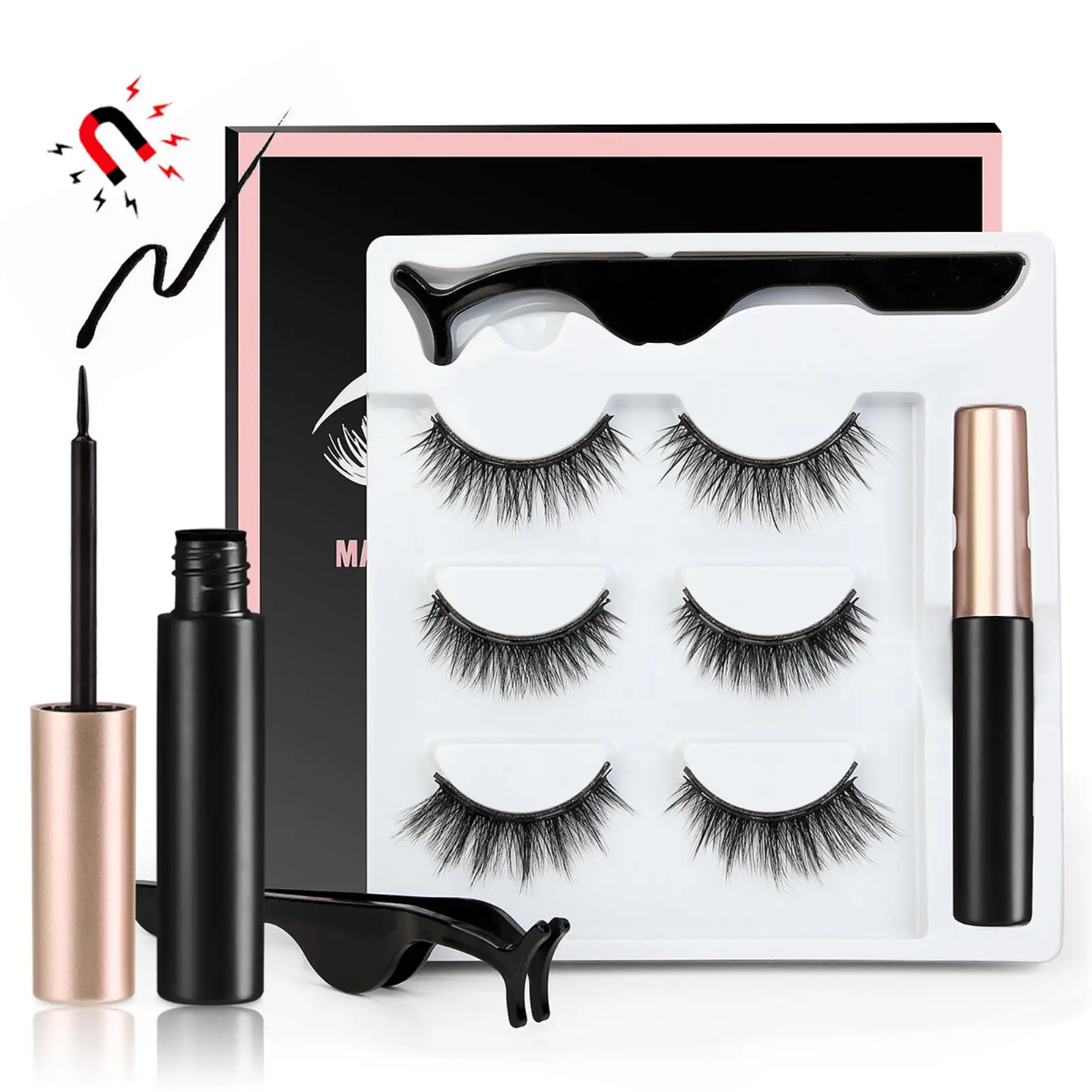 

3/5pair 3D Magnetic Artificial Eyelashes Liquid Eyeliner Tweezer Makeup Tool Set Mink False Eyelash Long Lasting lash Makeup