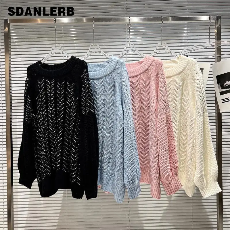 

2021 Winter New Model Style Knitted Pullover Rhinestone Weave Loose Long Sleeve Round Neck Outer Wear Sweater for Women