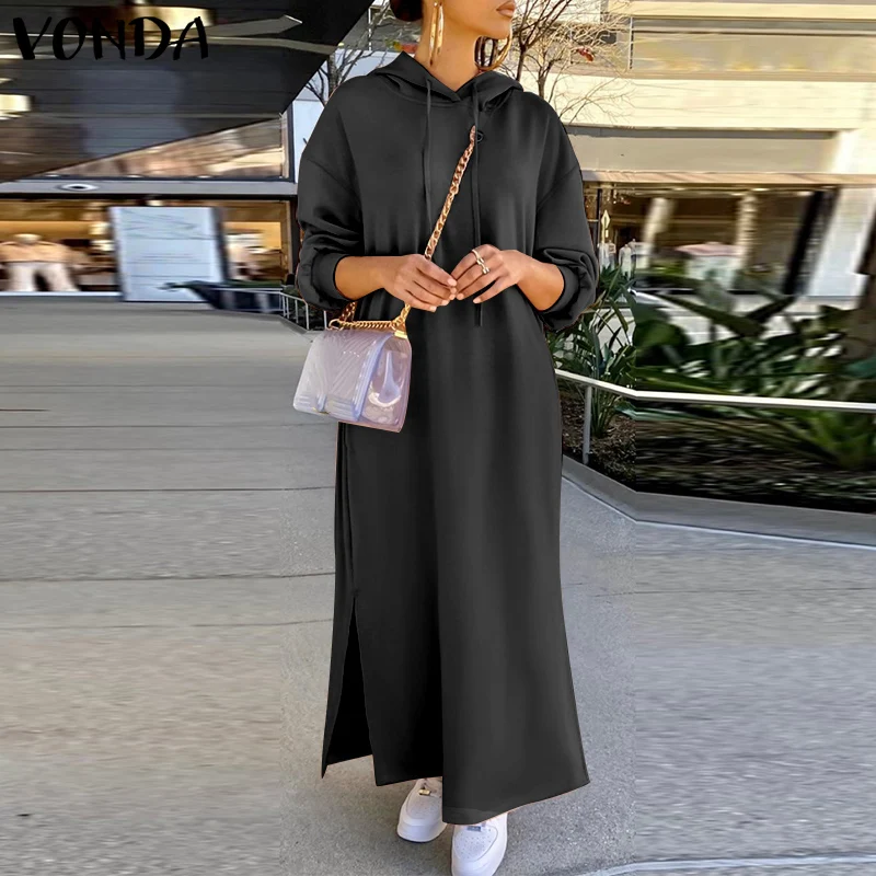 

Autumn Dress 2021 VONDA Women Casual Hooded Long Sleeve Loose Casual Winter Warm Vestido Hoodies Solid Pleated Dresses