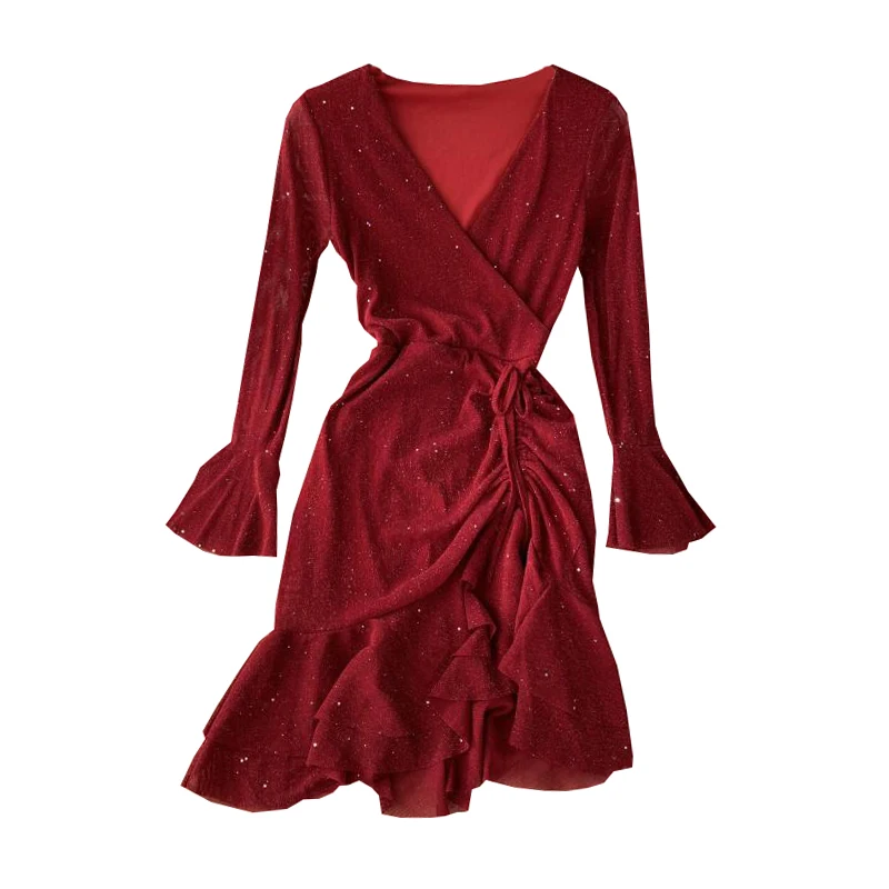 2019 Новое модное блестящее мини платье с асимметричным подолом оборками по краю