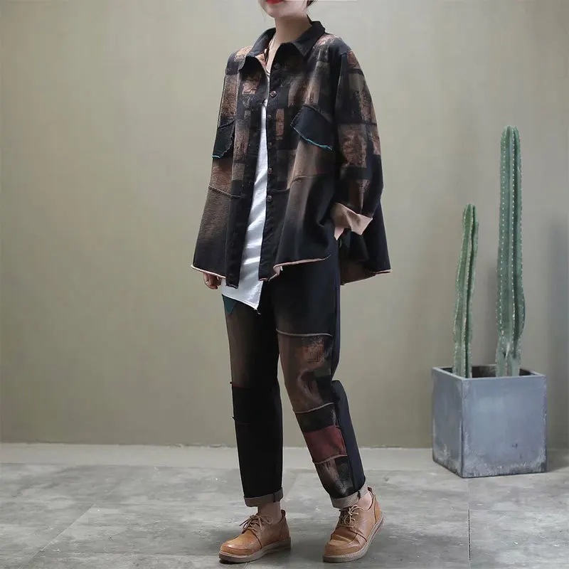 Повседневный Женский костюм с винтажным принтом свободная рубашка пуговицами и