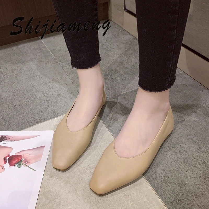 

No tired feet leather soft sole comfortable work shoes flat bottom bean shoes leisure single shoes women's shallow mouth shoes