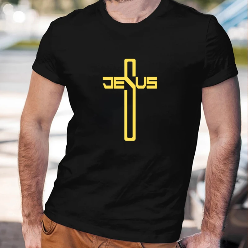 

Футболка мужская с принтом Иисуса христианского креста, повседневный уникальный топ с коротким рукавом, хипстерская уличная одежда, черный...