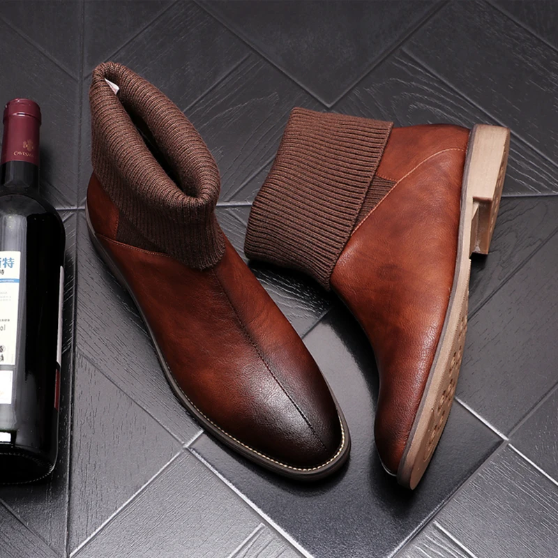 

men fashion party banquet dress cowboy boots black brown original leather sock shoes tide spring autumn boot ankle botas hombre