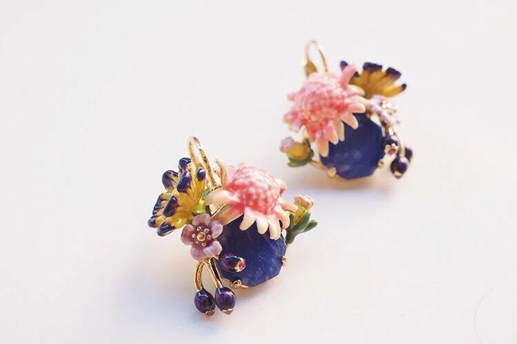 Hook earring Ручной работы Эмаль глазури Моне сад камня цветка Цепочки и ожерелья висячие серьги, серьги, кольцо, ювелирные изделия для вечерние - Окраска металла: Hook earring
