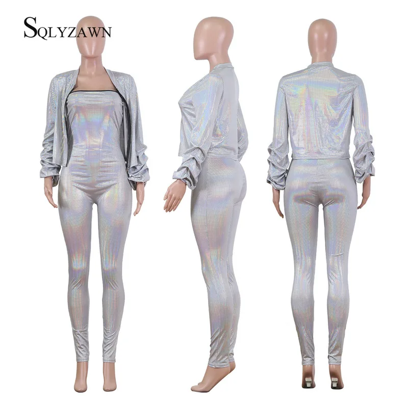 

Women Fashion Glitter Laser Set Street Two Piece Short Coat + Bodycon Jumpsuit Set Star Concert Colorful Party Nightclub Outfits