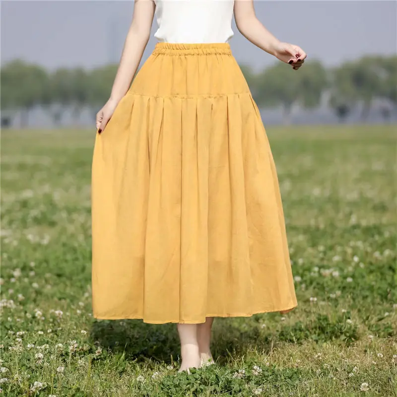 

New Arrival 2021 Summer Thin Cotton Linen Skirt Female Solid Color Elastic Waist Loose Casual Long Skirts Mujer Faldas aq1021