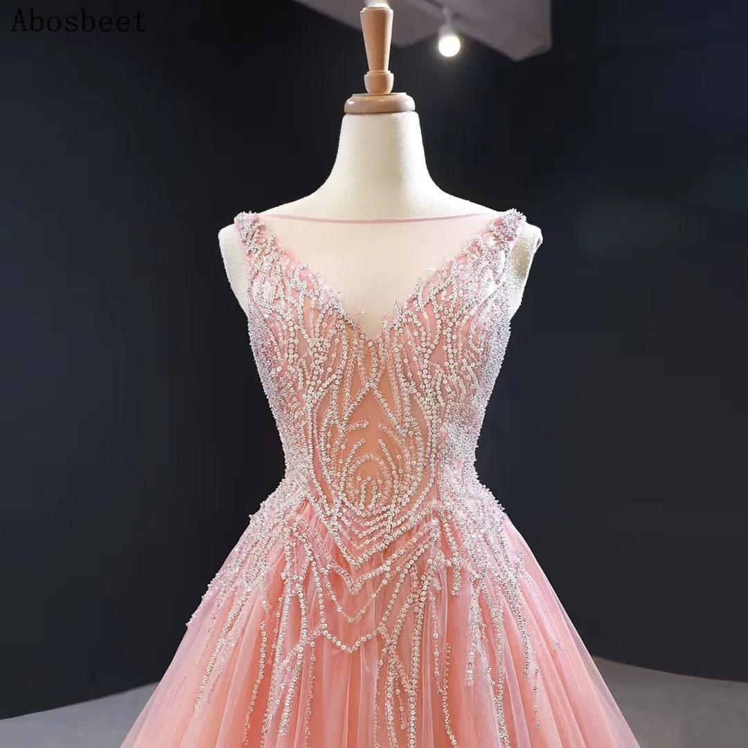 Elegant Chapel Ttain A Line Puffy Evening Dress Long 2021 Beading Top Fashion V Neck Soft Tulle Long Formal Evening Prom Gown