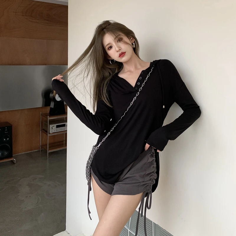 

Sunscreen blouse women's summer loose black thin irregular design hooded V-neck sports long sleeve T-shirt