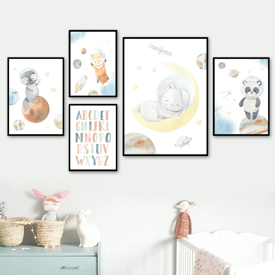 

Space Astronaut Planet Fox Bunny Raccoon Panda Wall Art Print Canvas Painting Nordic Poster Wall Pictures Baby Kids Room Decor