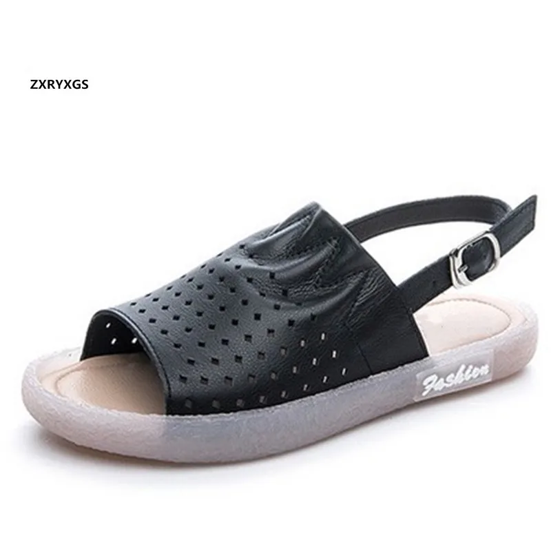 

Soft Cowhide Hollow Summer Leather Sandals Women Casual Sandals 2021 New Fish Mouth Women Sandals Soft Sole Comfortable Shoes
