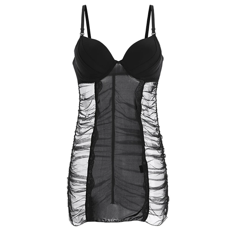 

X3UE Women Sleepwear V-neck Seductive Lace Fold Suspender Nightdress Temptation Female Sling Adjustable Open Back Dress