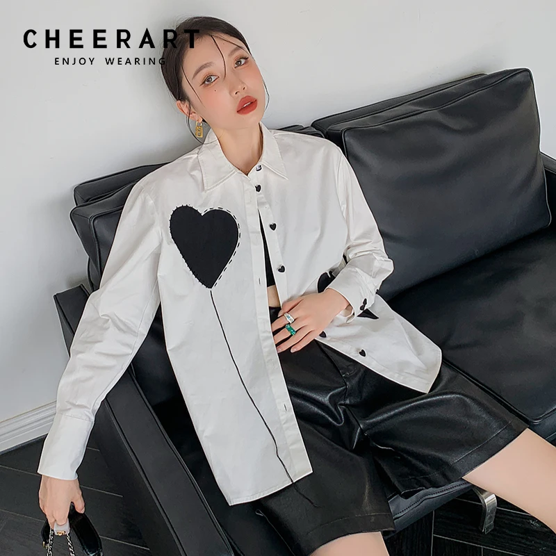 CHEERART Heart White Button Up Shirt For Women Fall Fashion Long Sleeve Designer Top And Bloues 2021 Collared Shirt Clothing