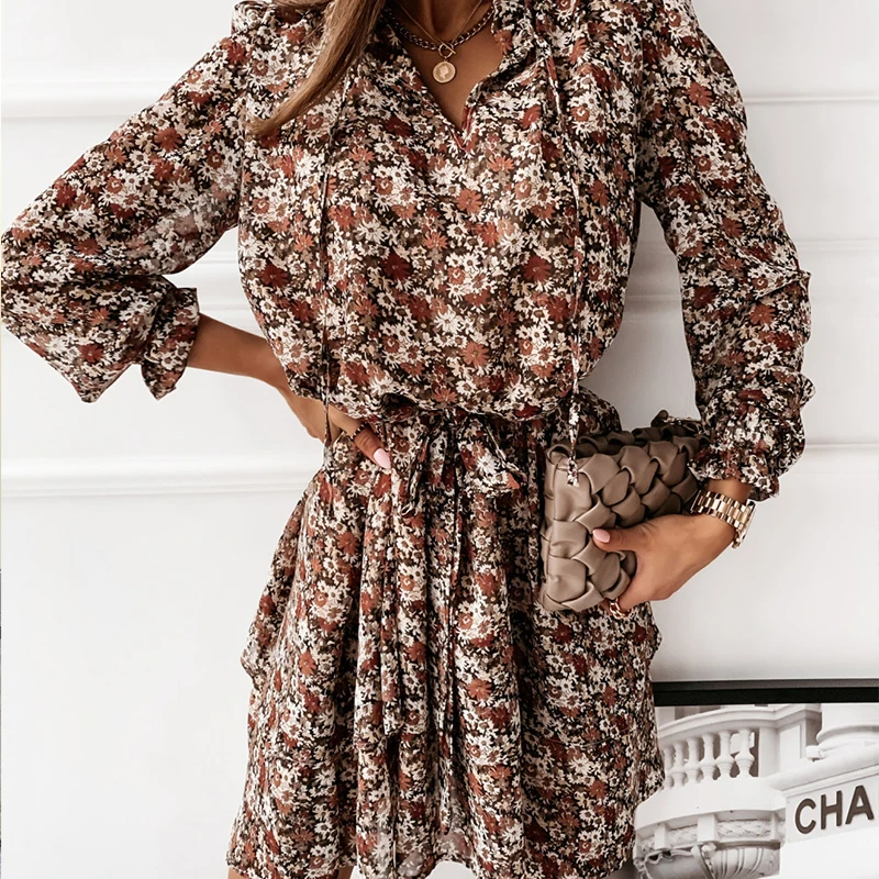 

Женское короткое платье с длинным рукавом, осеннее платье с каскадными оборками и цветочным принтом, элегантное платье с V-образным вырезом ...