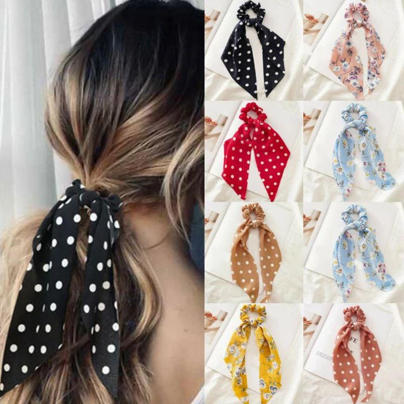 

Boho Floral Printed Ribbon Bow Scrunchies Elastic Hair Bands Scarf Hair Rope Ties For Women Girls Dots Hair Accessories
