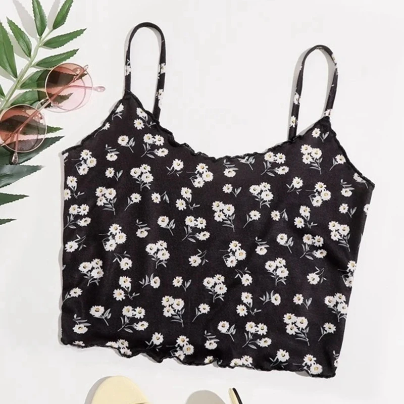

E-girl Fashion Sleeveless Crop Tank Top Summer Cute Floral Printed Spaghetti Strap Top Sexy Women YK2 Camisole New Streetwear