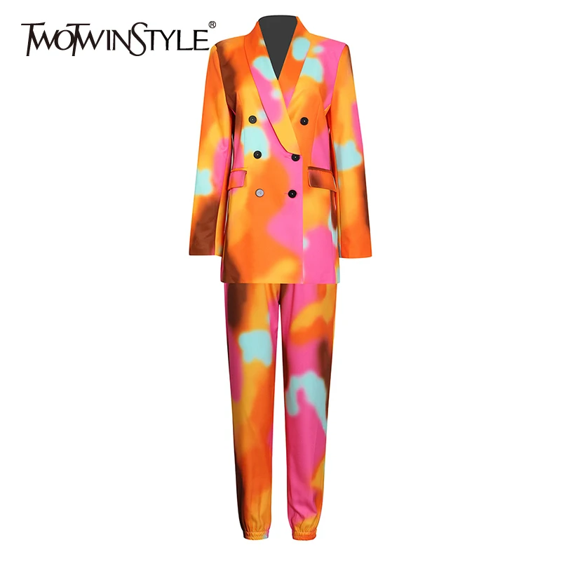 

TWOTWINSTYLE Tie Dye Casual Set For Women Notched Long Sleeve Blazer High Waist Pants Hit Color Two Piece Set Female 2021 Tide