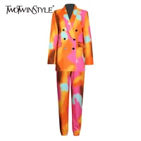 twotwinstyle tie dye casual set for women notched long sleeve blazer high waist pants hit color two piece set female 2021